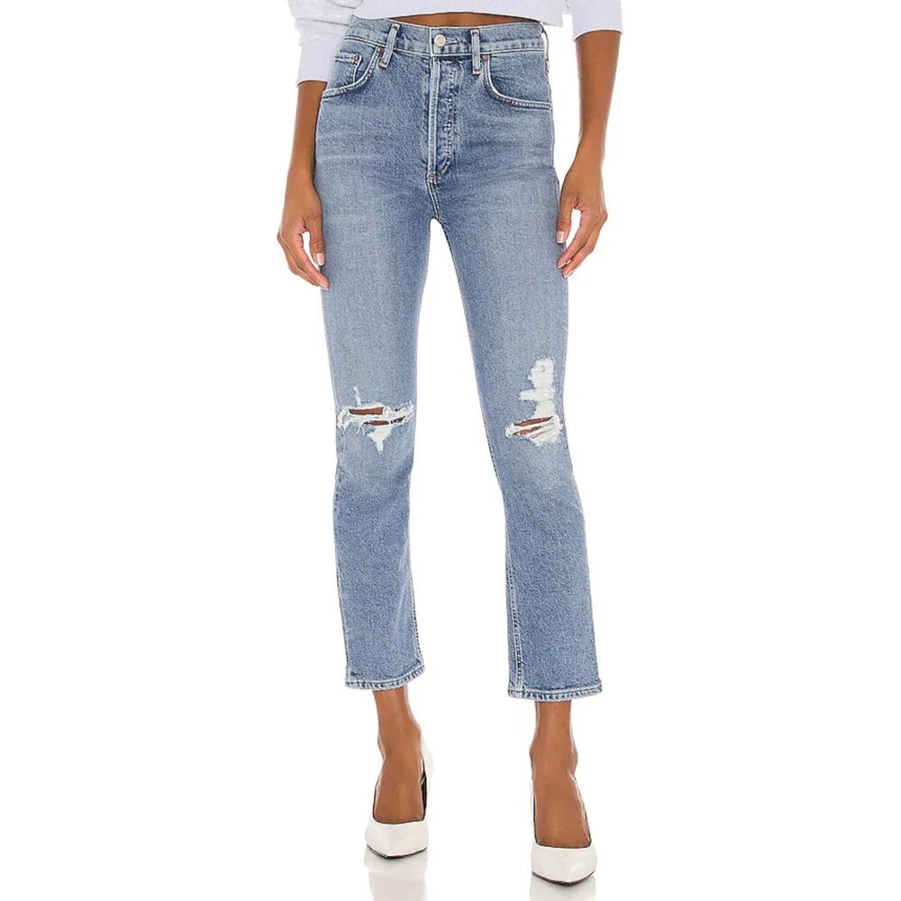 Agolde Riley High Rise Straight Crop Jeans in Whiplash Distressed Size 29
